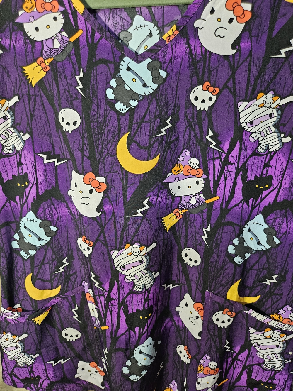 Scrubstar Sanrio Hello Kitty Halloween Night Forest V-Neck Scrub Top Purple - Picture 5 of 7